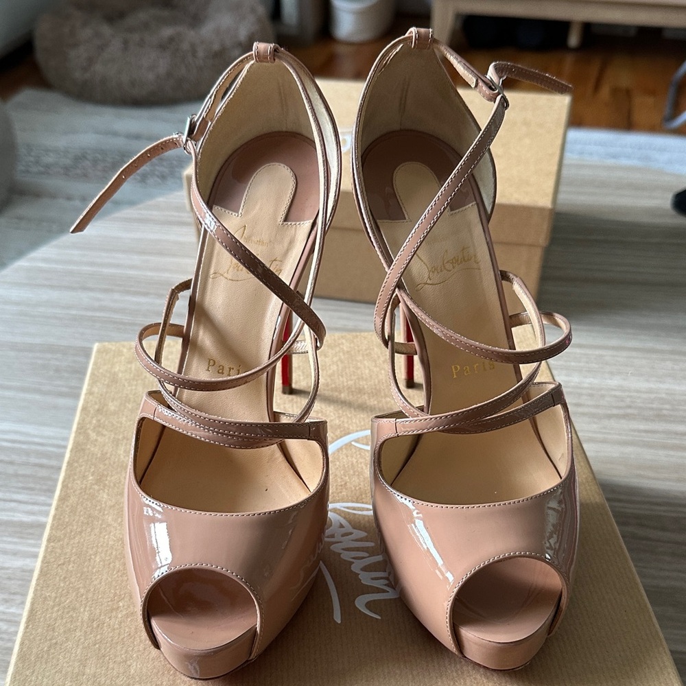 Christian Louboutin Nude Strappy Peep Toe Heels